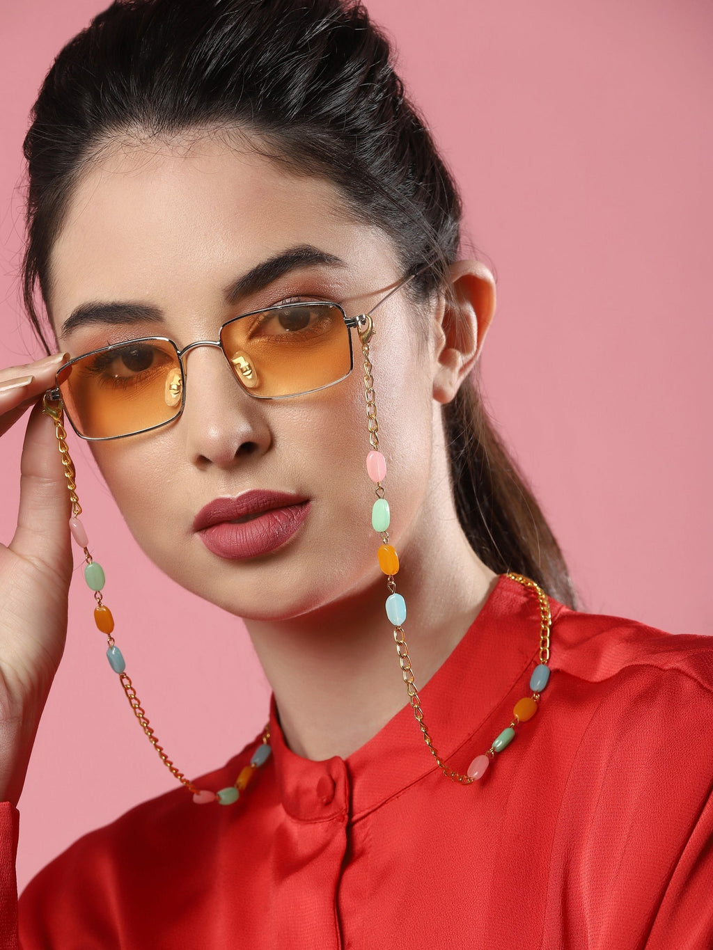 Gold-Polished Multicolored Beaded Mask Chain - Ruby Raang | Grocsy