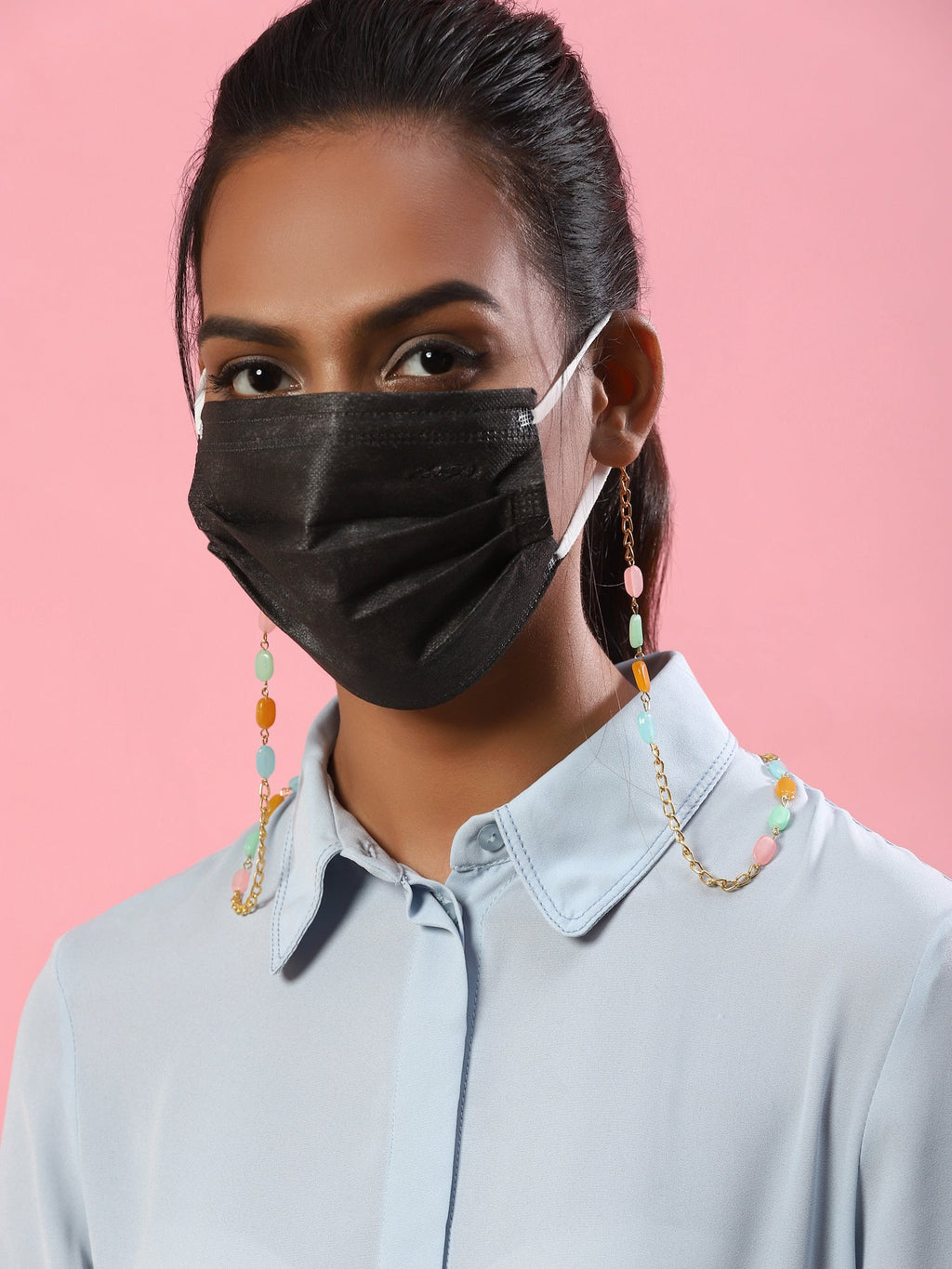 Gold-Polished Multicolored Beaded Mask Chain - Ruby Raang | Grocsy