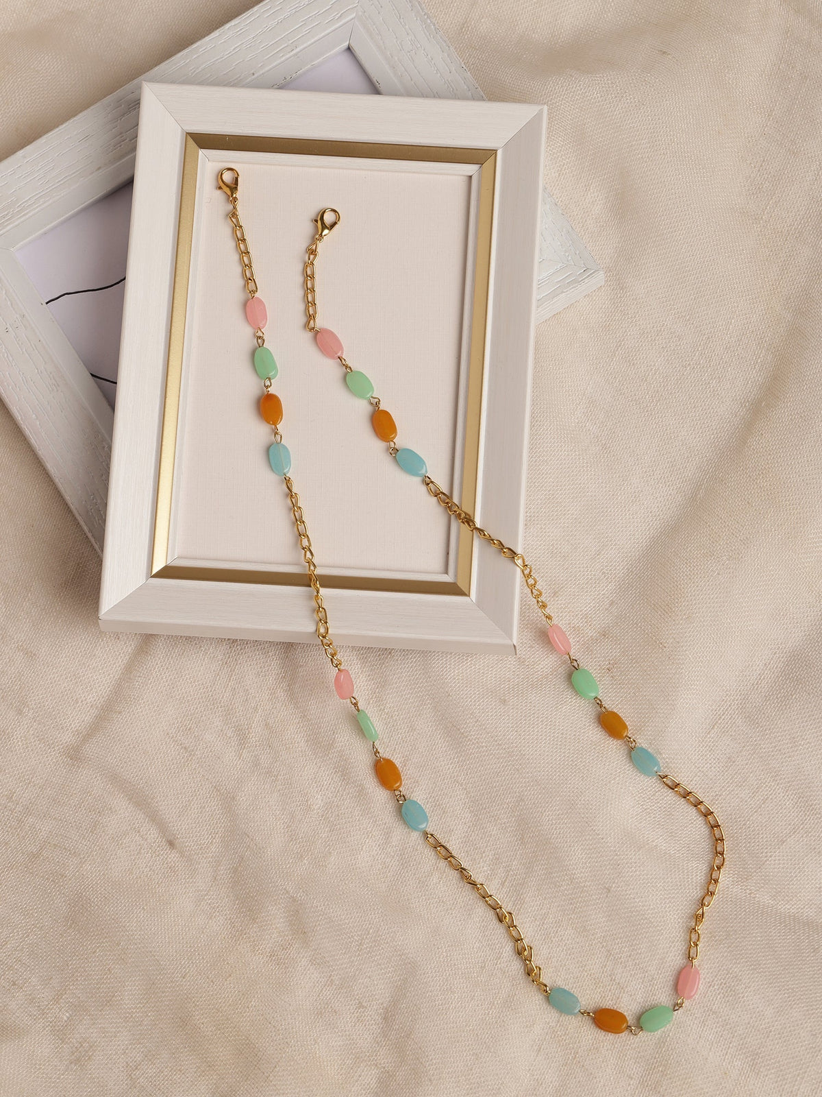 Gold-Polished Multicolored Beaded Mask Chain - Ruby Raang | Grocsy