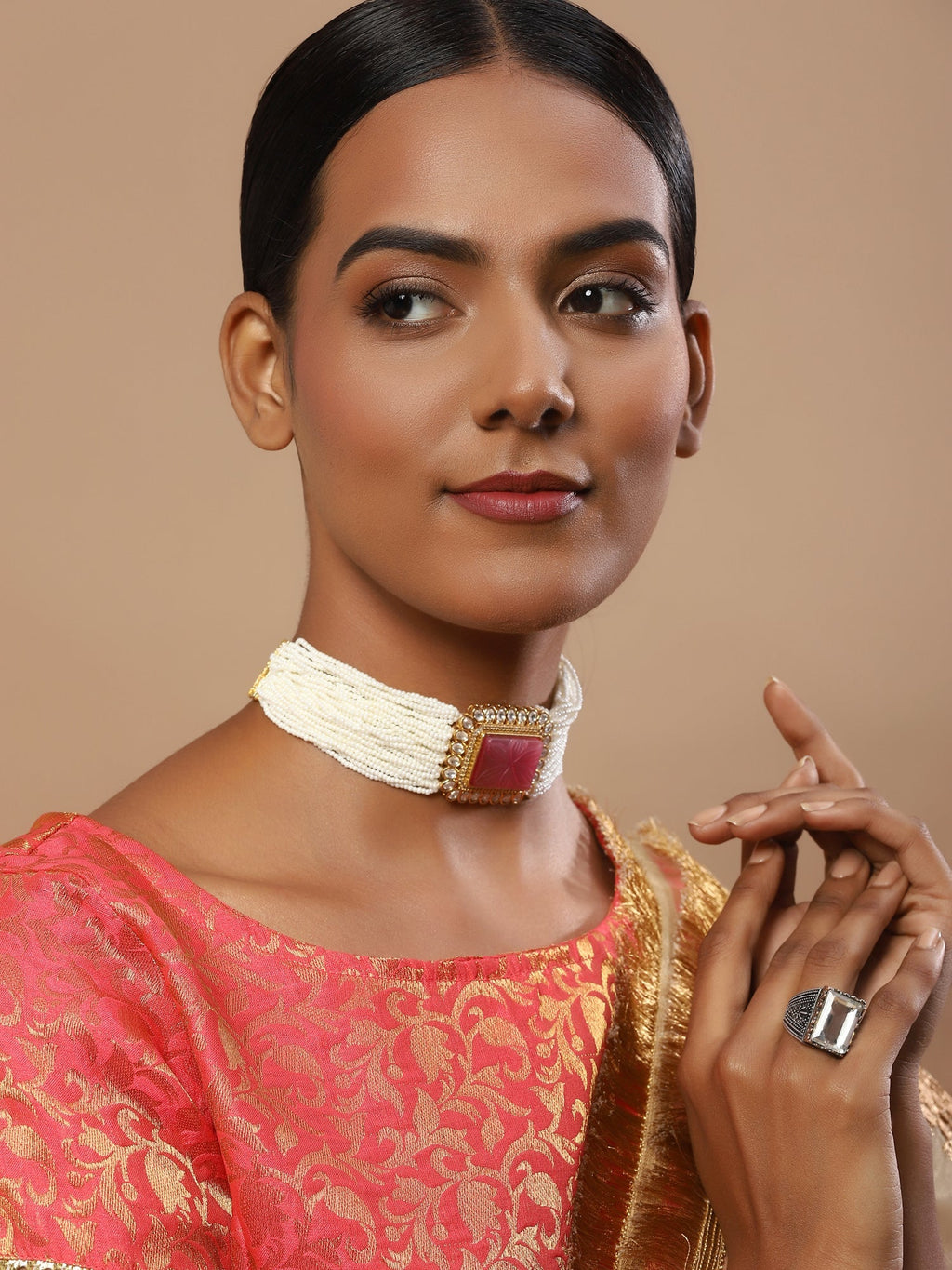 Gold-Polished White Pink Kundan Studded Beaded Brass Choker Necklace - Ruby Raang | Grocsy