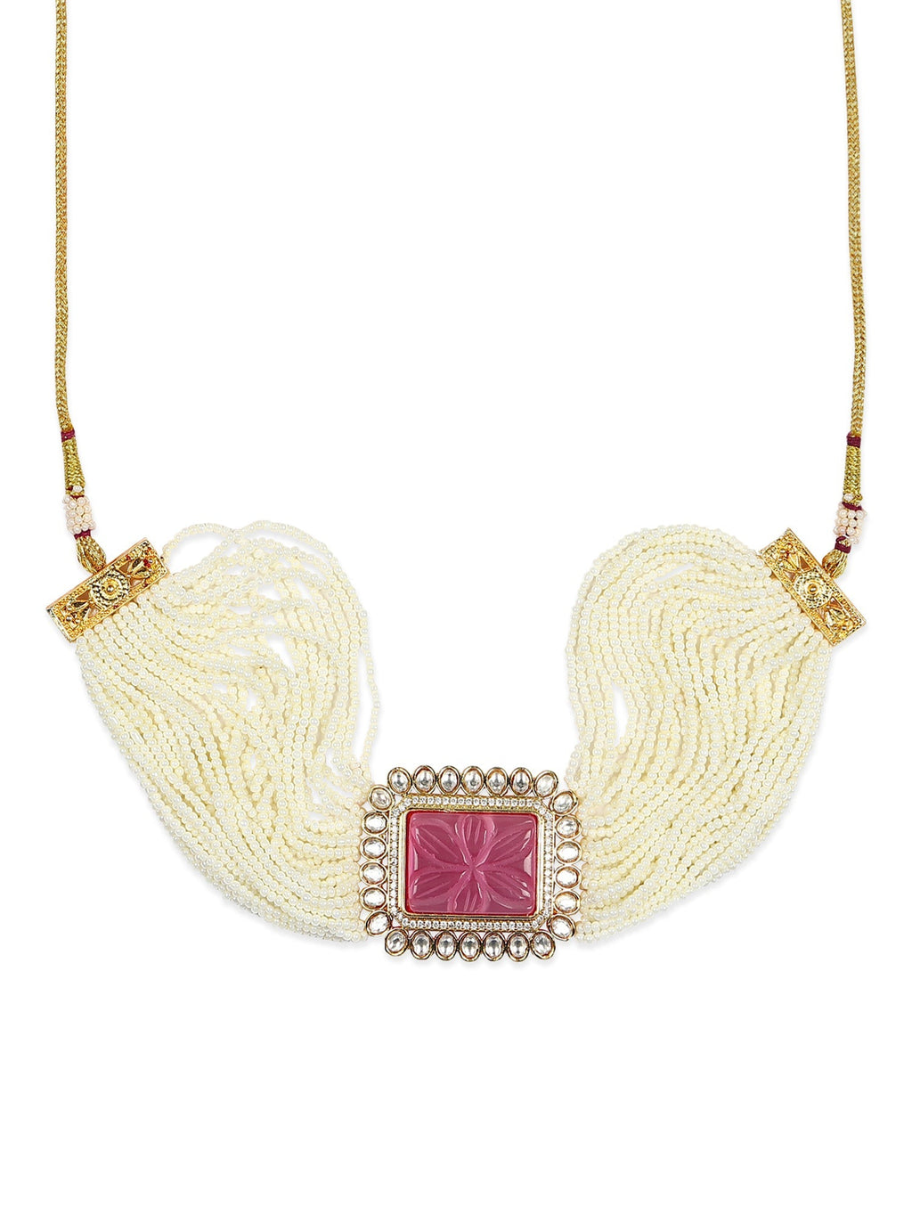 Gold-Polished White Pink Kundan Studded Beaded Brass Choker Necklace - Ruby Raang | Grocsy