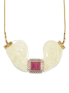 Gold-Polished White Pink Kundan Studded Beaded Brass Choker Necklace - Ruby Raang | Grocsy