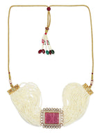 Gold-Polished White Pink Kundan Studded Beaded Brass Choker Necklace - Ruby Raang | Grocsy