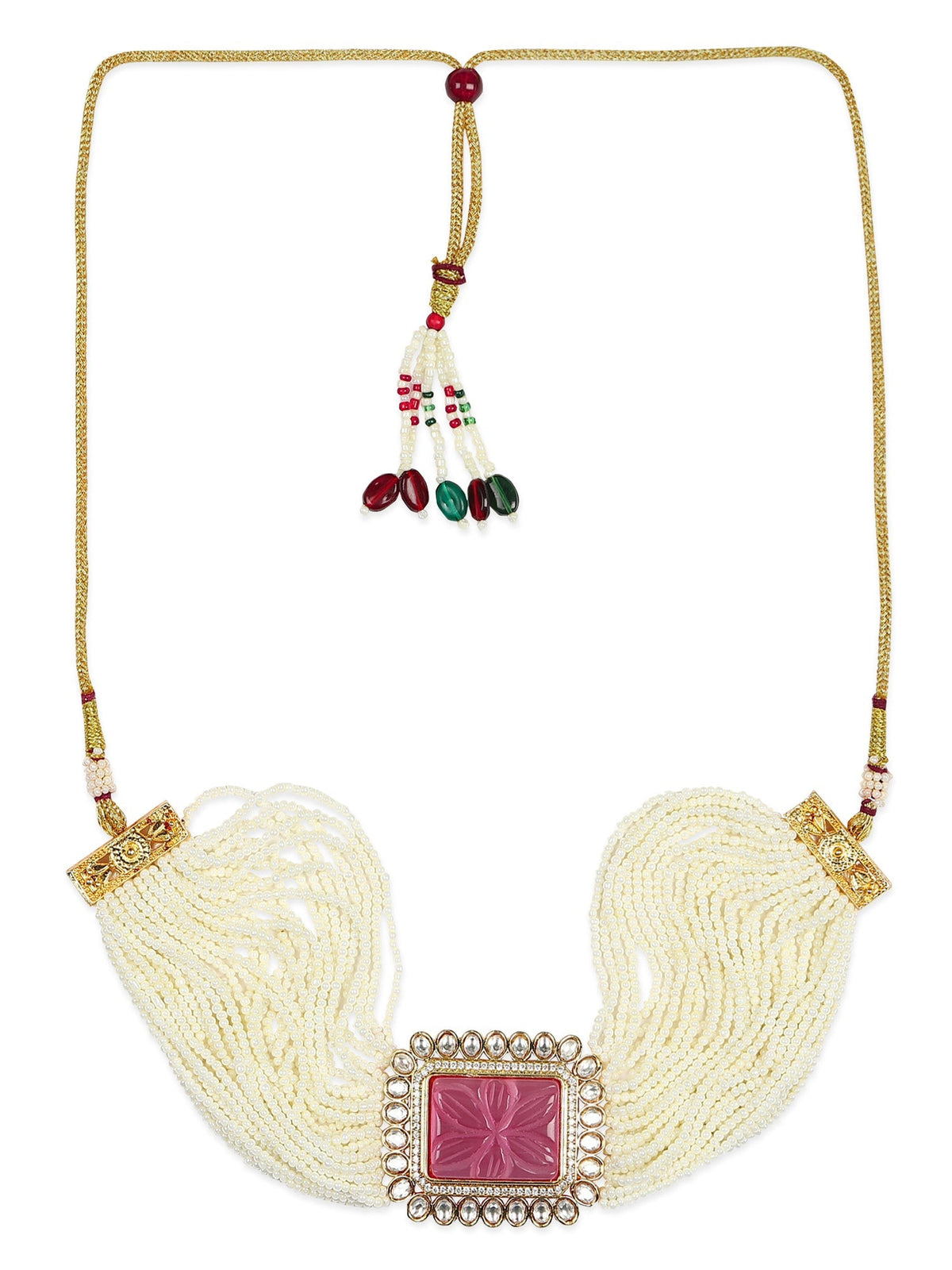 Gold-Polished White Pink Kundan Studded Beaded Brass Choker Necklace - Ruby Raang | Grocsy