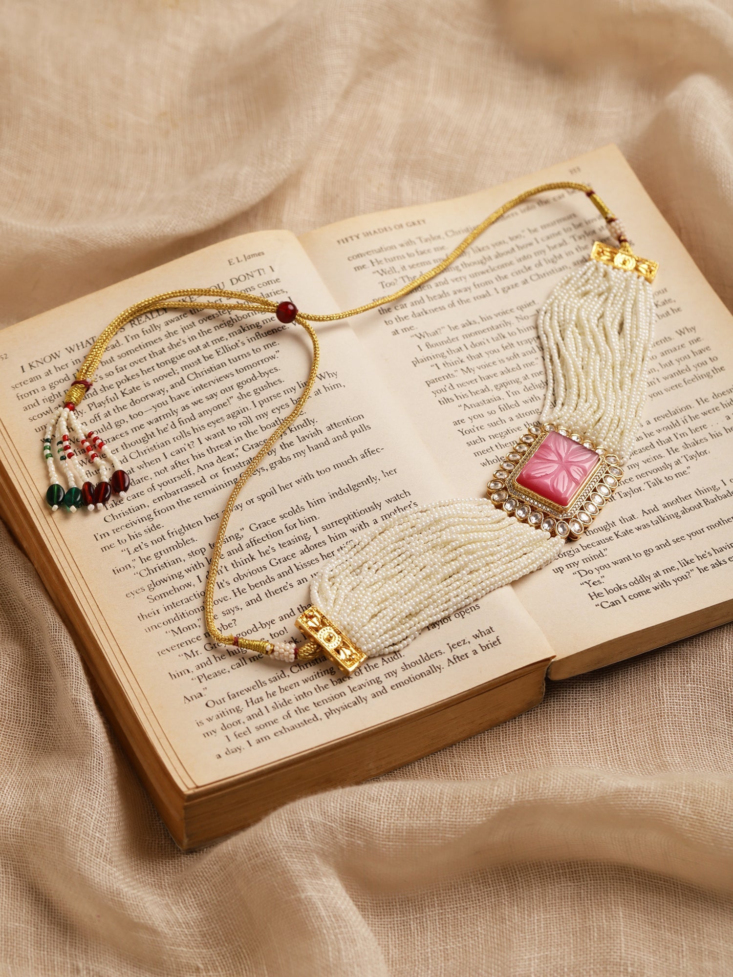 Gold-Polished White Pink Kundan Studded Beaded Brass Choker Necklace - Ruby Raang | Grocsy