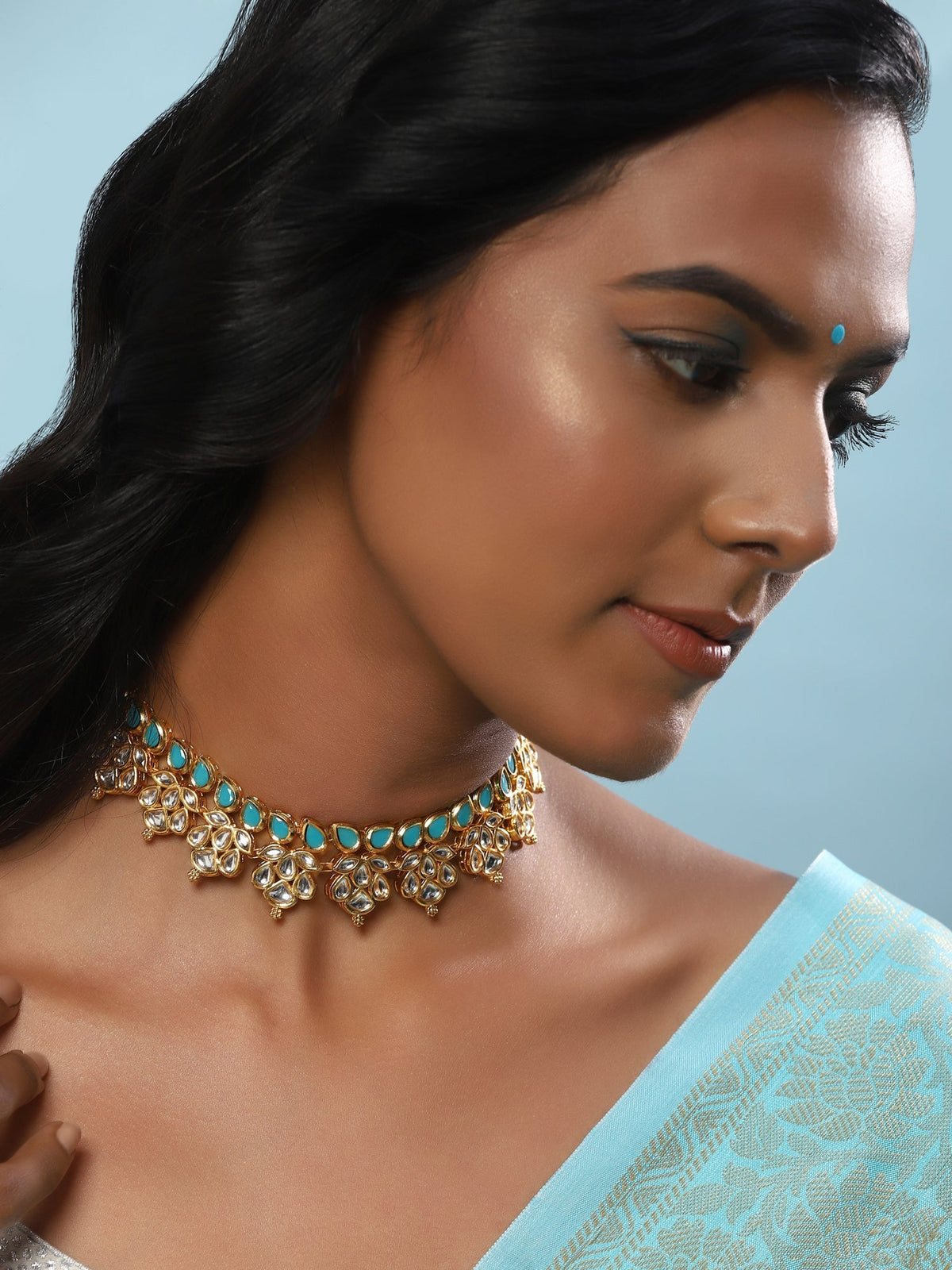 Gold-Toned Blue Brass Gold-Polished Necklace - Ruby Raang | Grocsy