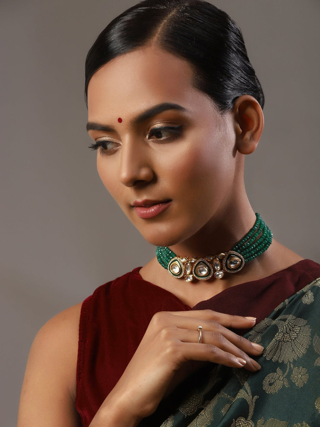Gold-Polished Green Layered Necklace - Ruby Raang | Grocsy