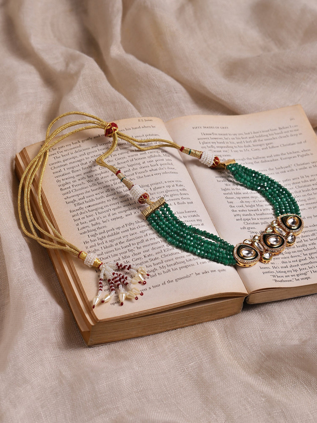 Gold-Polished Green Layered Necklace - Ruby Raang | Grocsy