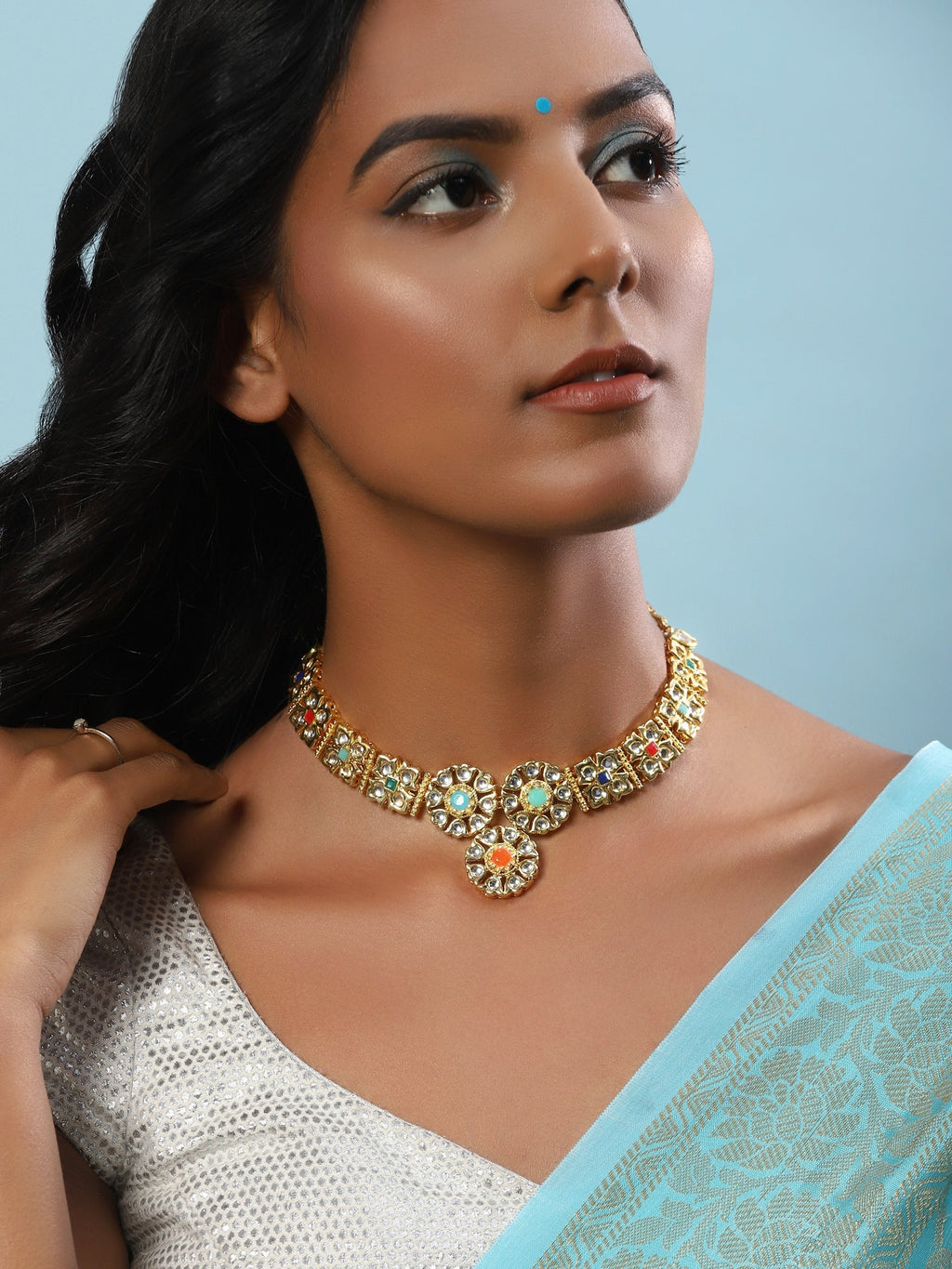 Gold-Polished White Studded Necklace - Ruby Raang | Grocsy