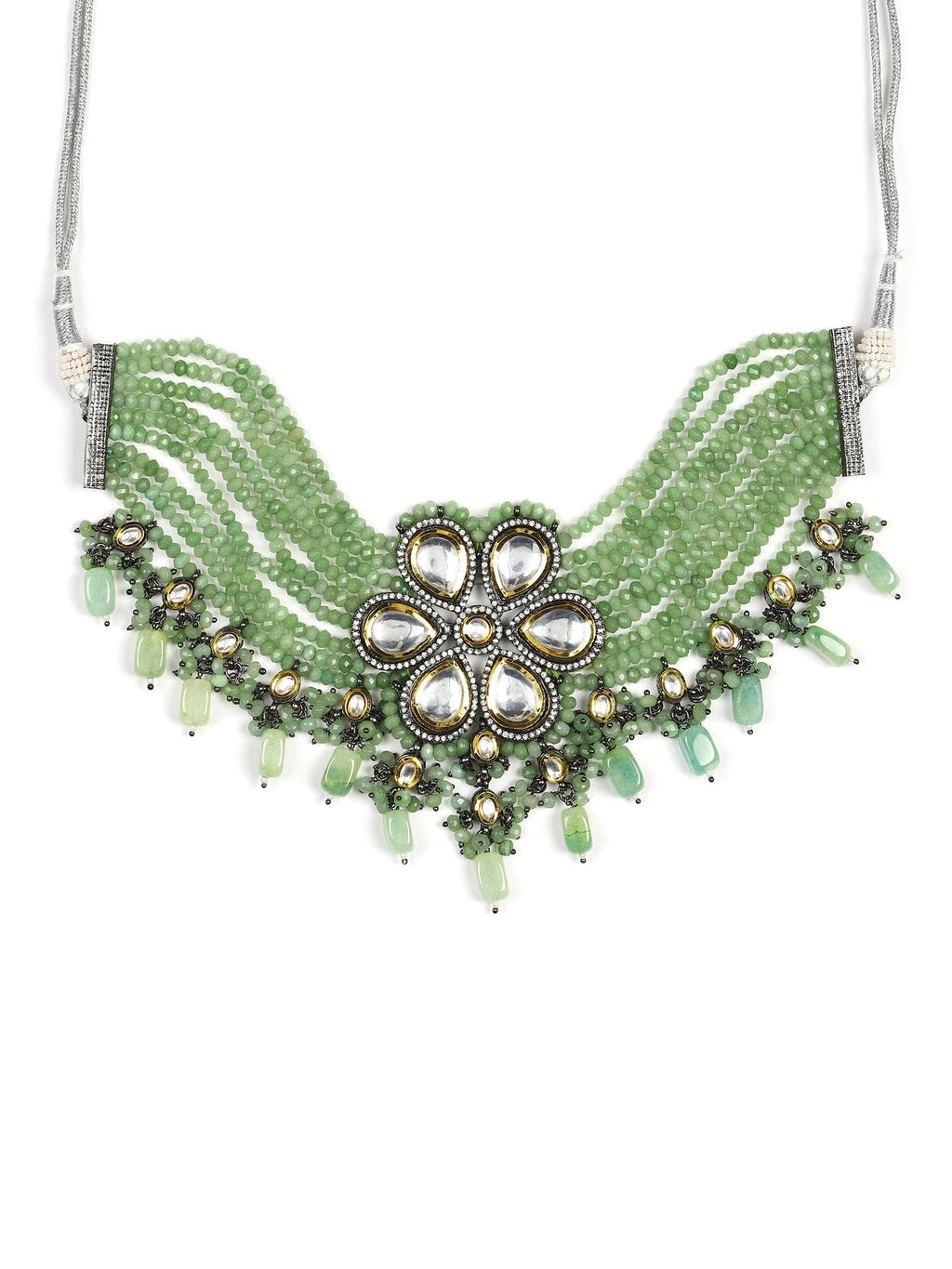 Silver-Plated Green Kundan Brass Necklace - Ruby Raang | Grocsy