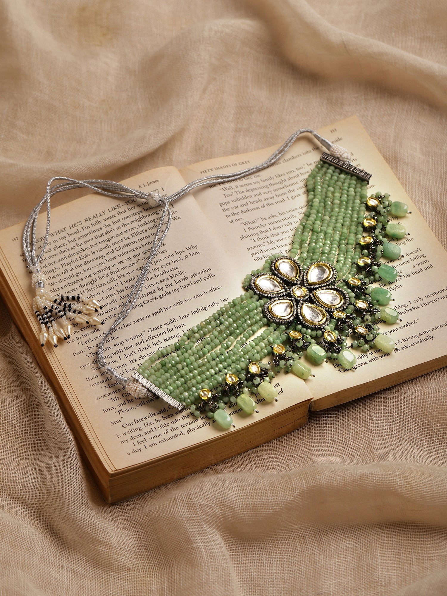 Silver-Plated Green Kundan Brass Necklace - Ruby Raang | Grocsy