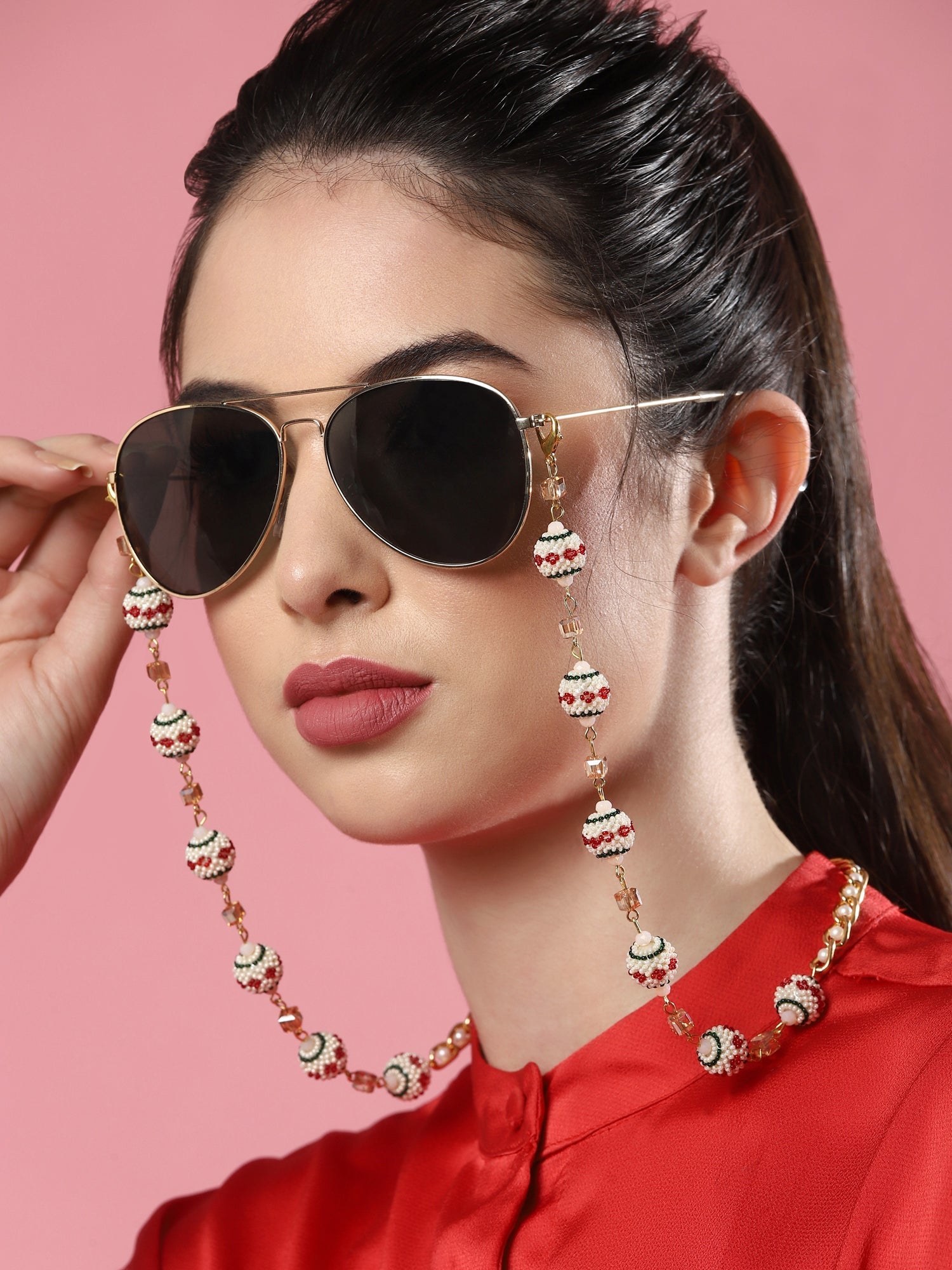 Gold-Toned White Embellished Mask Chain - Ruby Raang | Grocsy