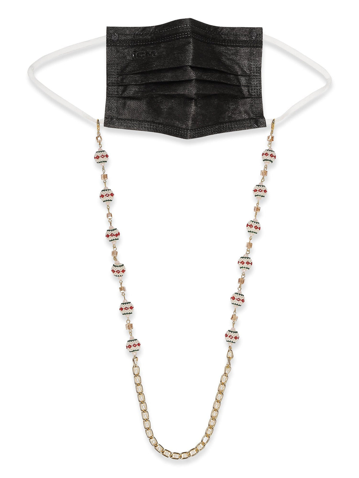Gold-Toned White Embellished Mask Chain - Ruby Raang | Grocsy