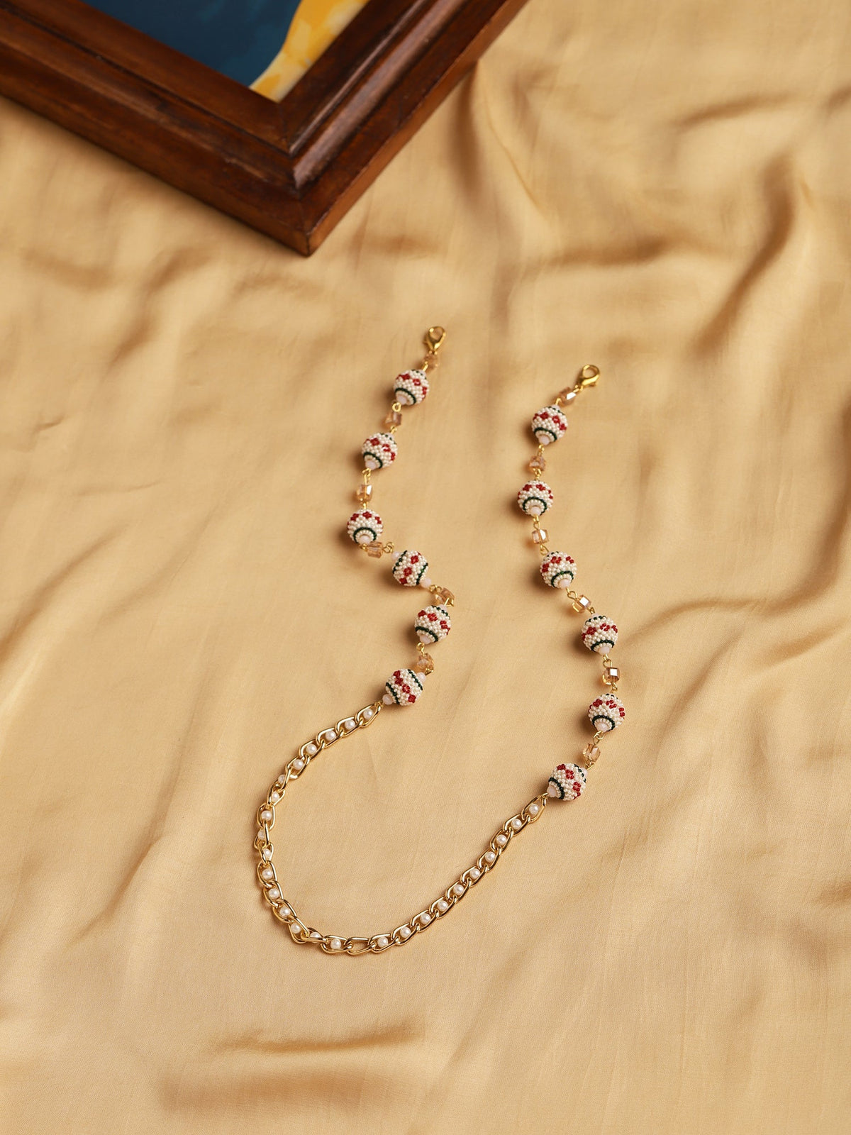 Gold-Toned White Embellished Mask Chain - Ruby Raang | Grocsy