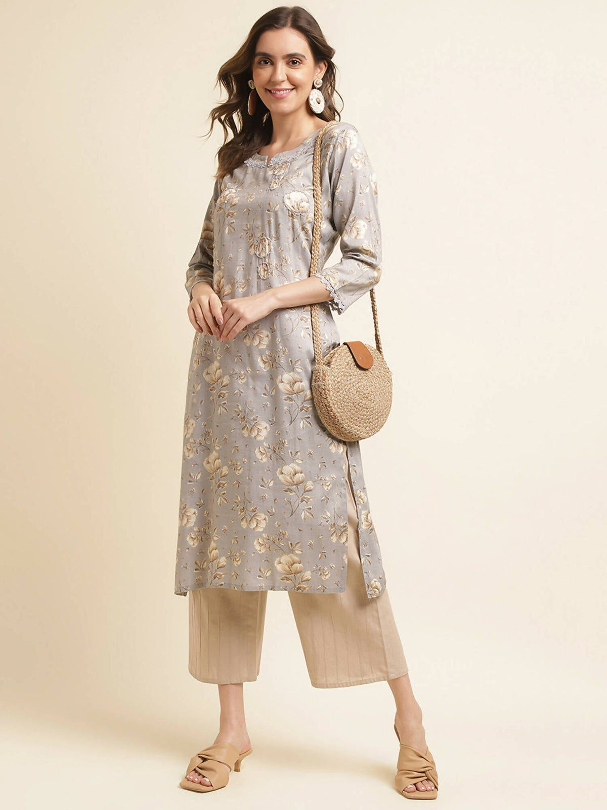 Grey Poly Rayon Floral Printed Straight Kurta - Prasuti | Grocsy