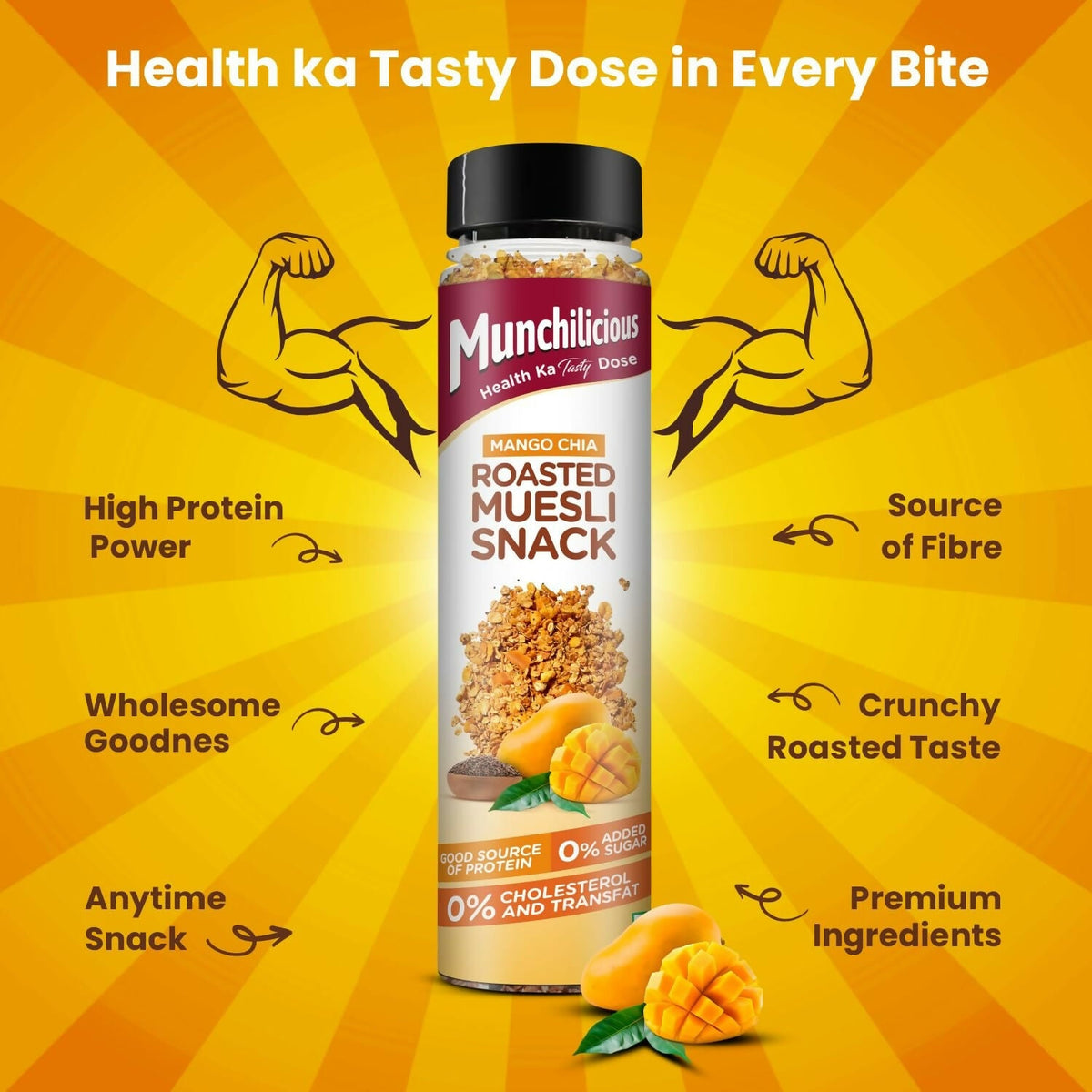 Munchilicious Muesli – Mango Chia Rolled Oats, Dried Mango, Chia Seeds & Jowar Flakes | Grocsy
