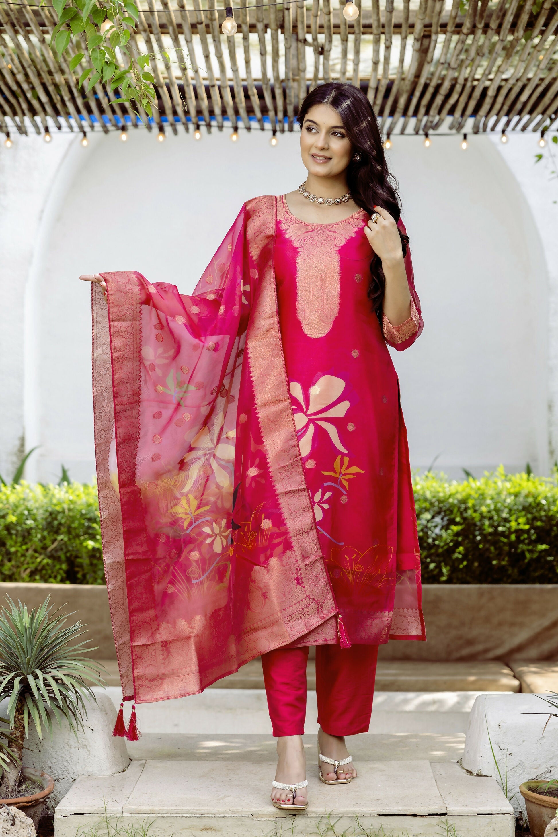 The52 Women's Beautiful Printed Work Jacquard Organza Fabric Straight Kurta Pant and Dupatta Set | Grocsy