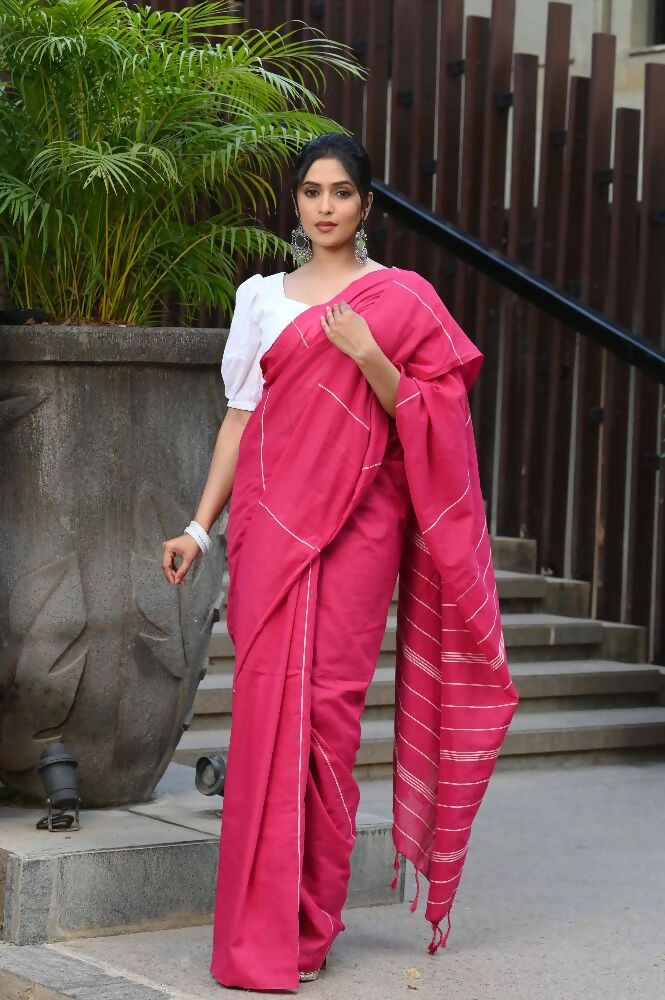 Beatitude Pink Khadi Ghicha Stripes Saree | Grocsy