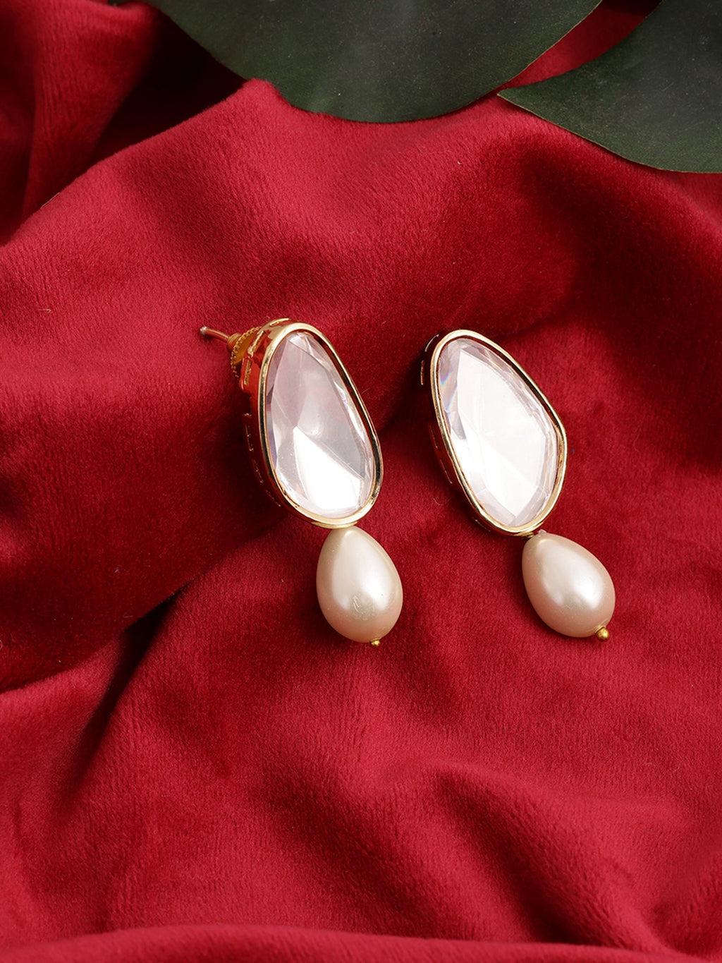 Long Kundan Stud with Pearl Drop - Ruby Raang | Grocsy
