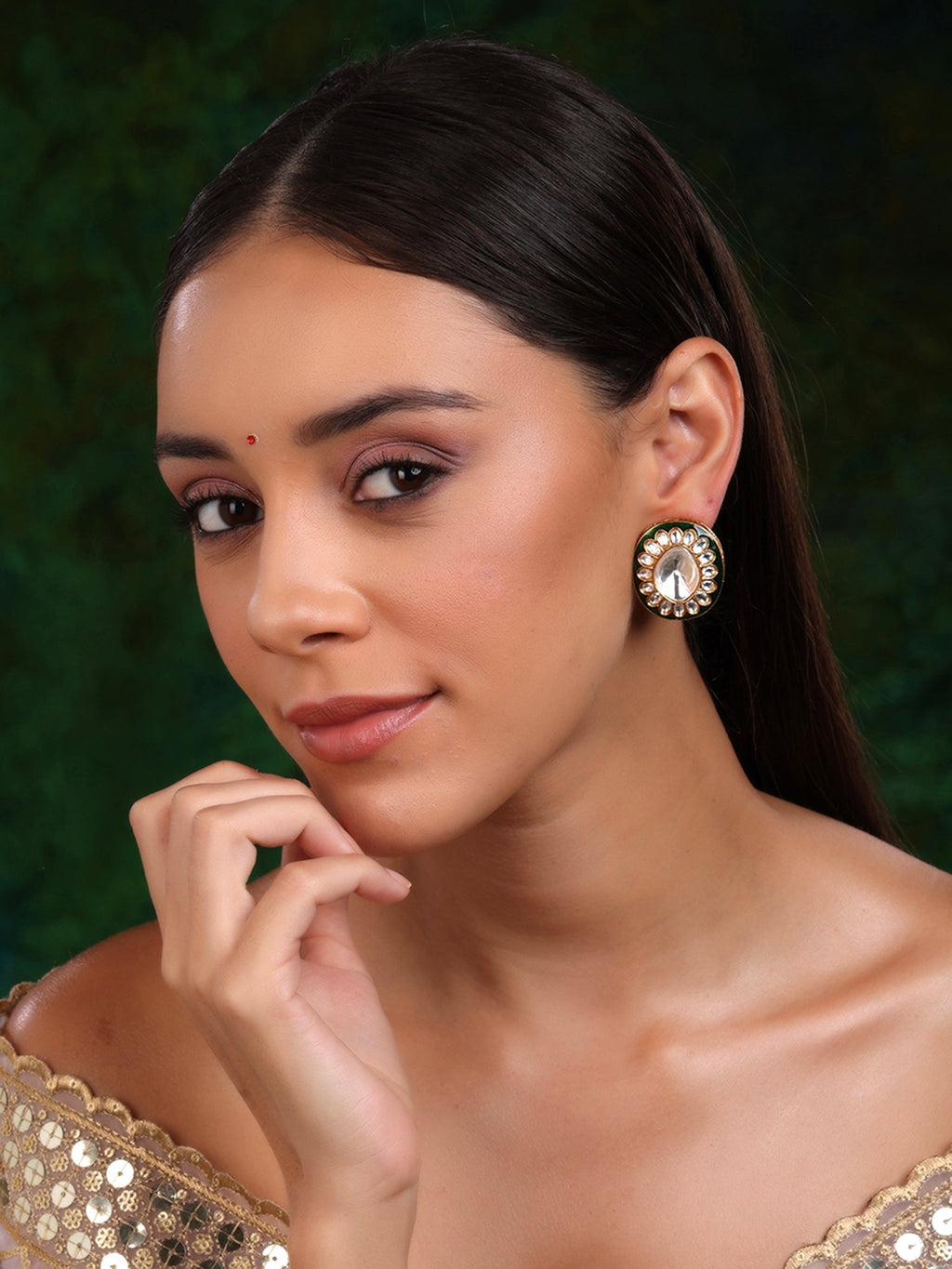 Meenakari Oversized Green Meenakari Studs - Ruby Raang | Grocsy