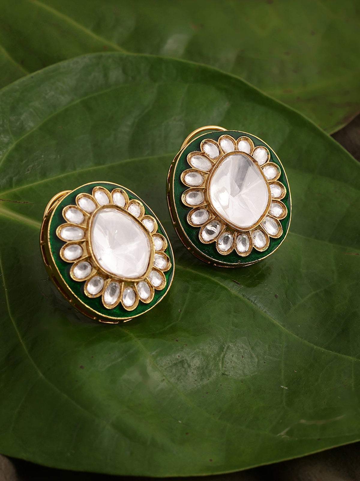 Meenakari Oversized Green Meenakari Studs - Ruby Raang | Grocsy
