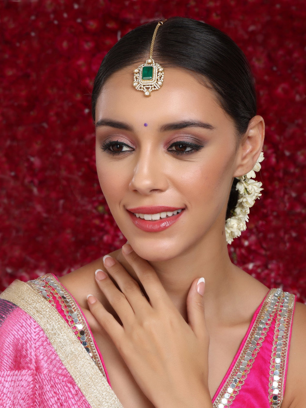 Kundan Maang Tikka with Diamonds & Emerald Stone - Ruby Raang | Grocsy