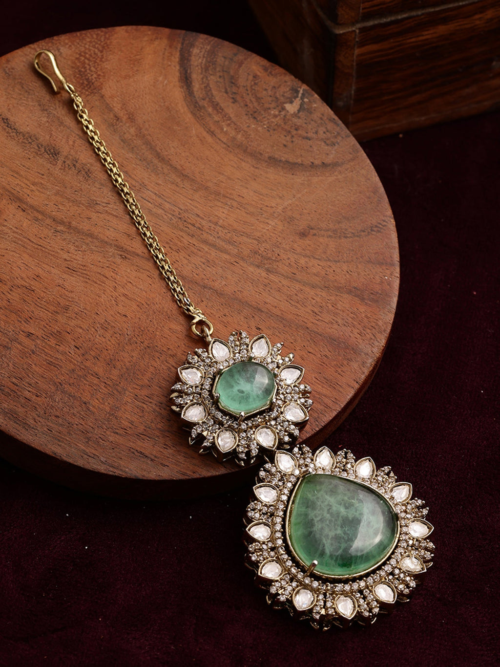 Kundan Maang Tikka with Diamonds & Semi Precious Stone - Ruby Raang | Grocsy
