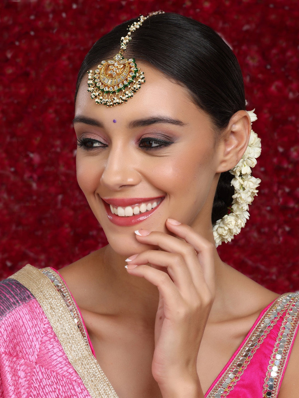 Meenakari and Pearl Kundan Maang Tikka - Ruby Raang | Grocsy