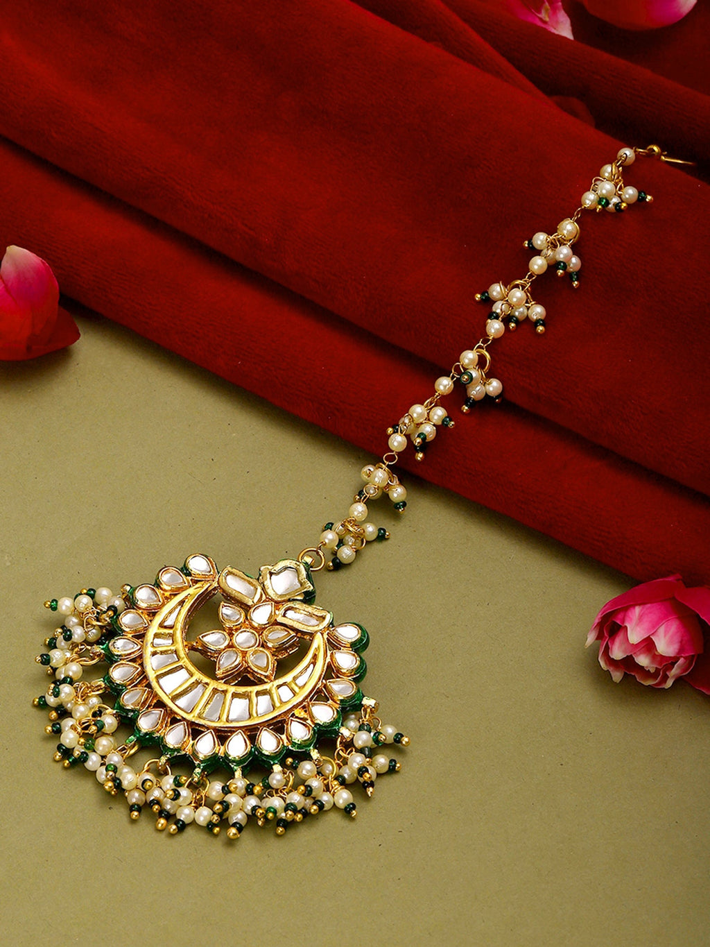 Meenakari and Pearl Kundan Maang Tikka - Ruby Raang | Grocsy