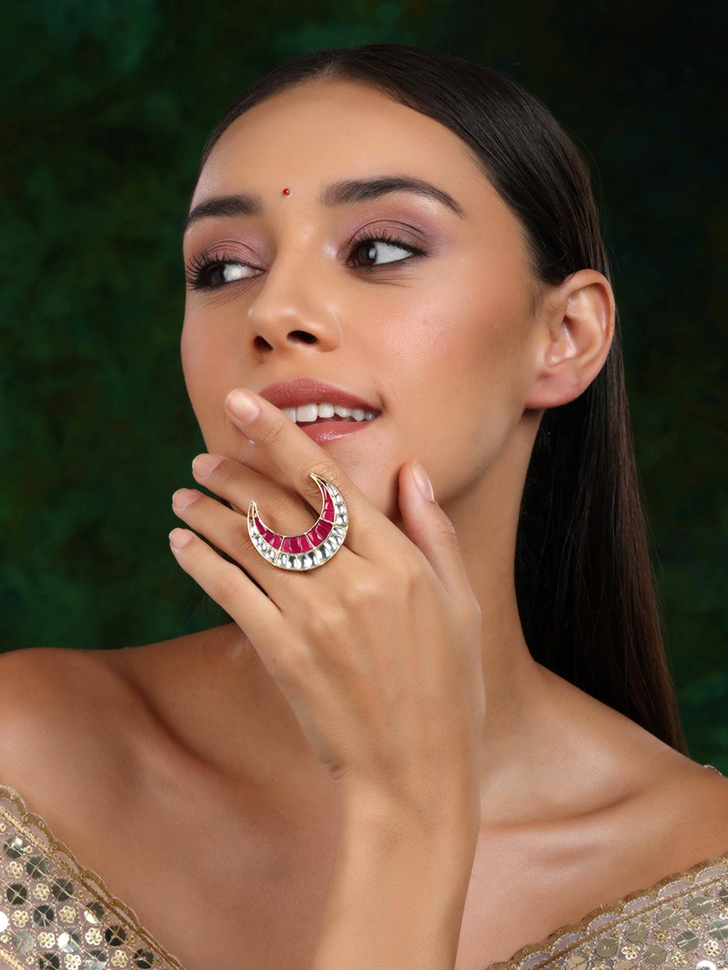 Half Moon Kundan Ring - Ruby Raang | Grocsy