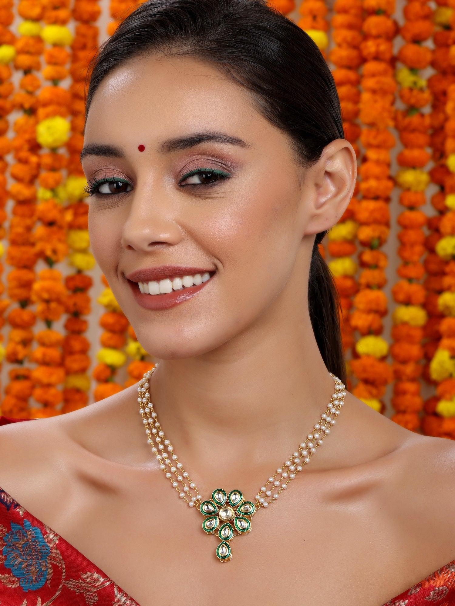 Meenakari Kundan Choker in Pearl Strings - Ruby Raang | Grocsy