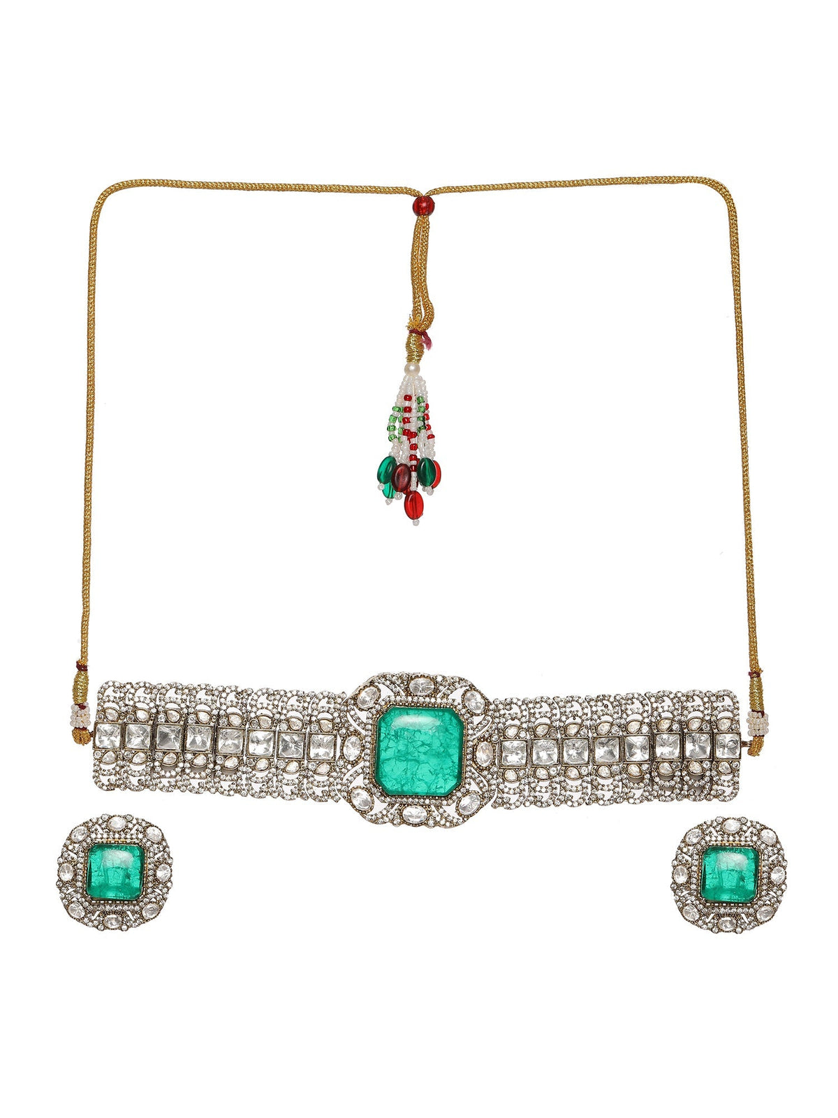 Emerald Stone with Diamonds and Mossainite Choker and Studs - Ruby Raang
