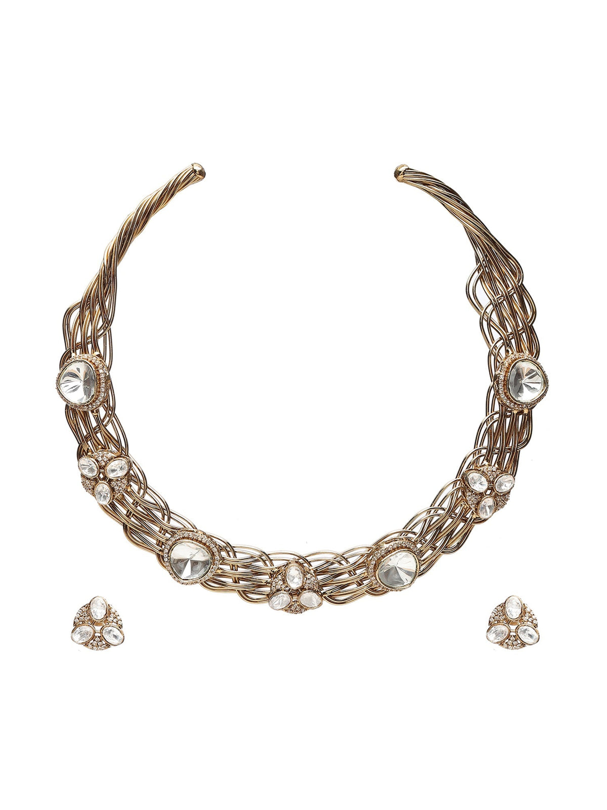 Golden Kundan & Mossainite Hasli Choker with Studs - Ruby Raang