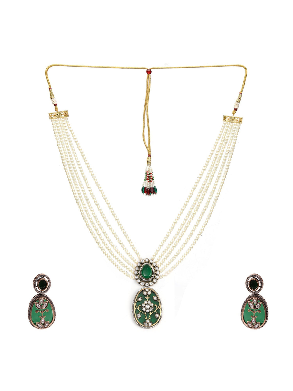 Long Pearl Layered Necklace with Pendant and Matching Earrings - Ruby Raang