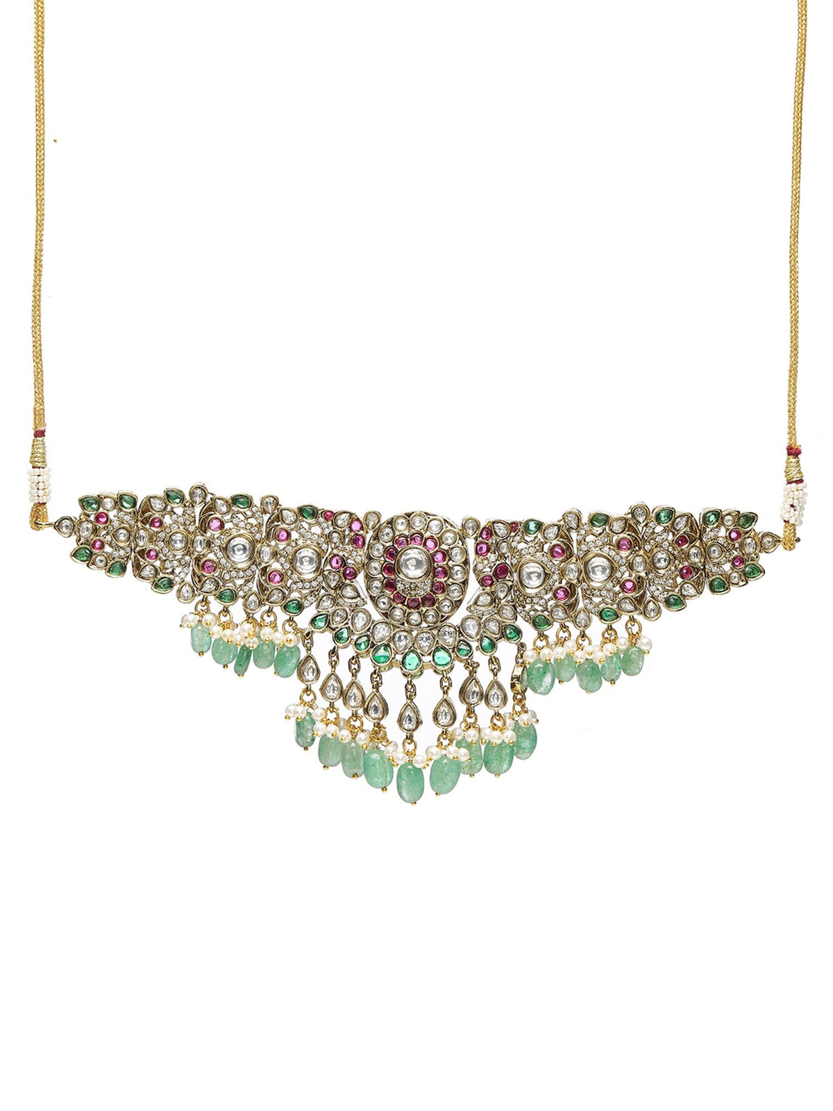 Precious Handcrafted Stone Neckpiece with Emeralds - Ruby Raang