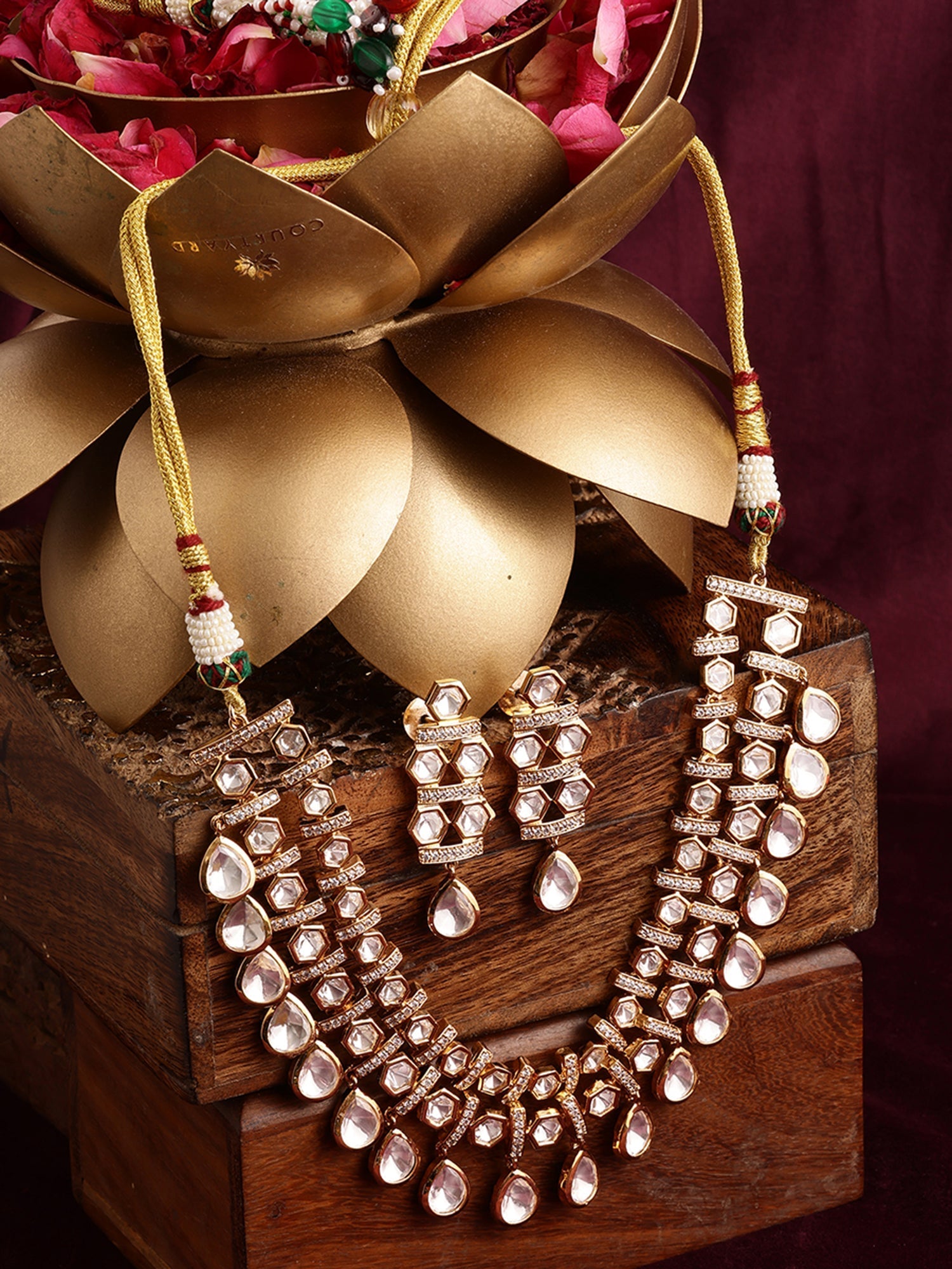 Kundan & Mossainite Necklace with Earrings - Ruby Raang | Grocsy