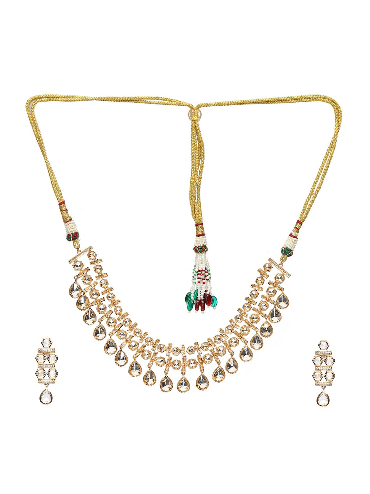 Kundan & Mossainite Necklace with Earrings - Ruby Raang | Grocsy