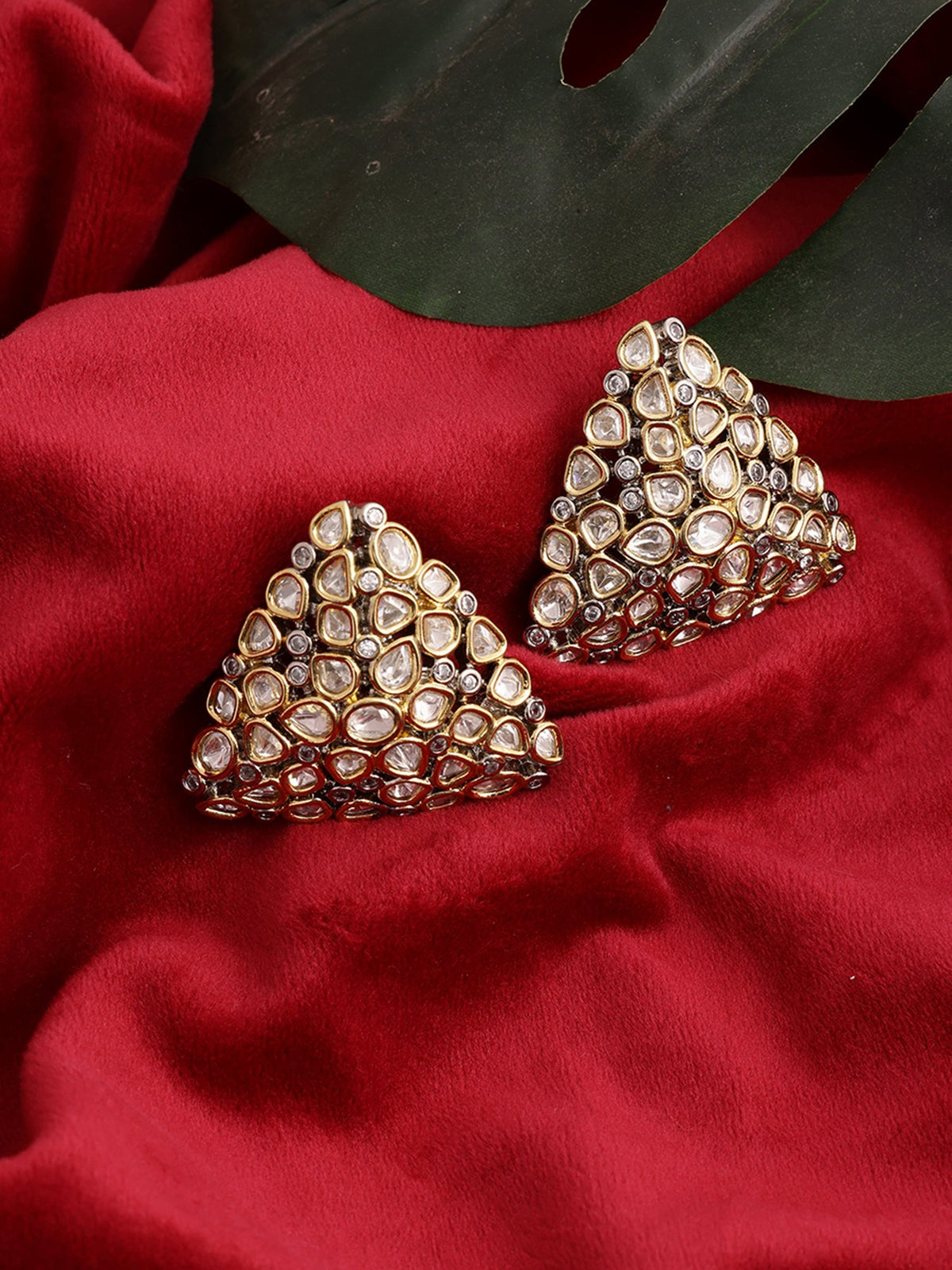 Triangle Dual Tone Kundan Earrings - Ruby Raang | Grocsy