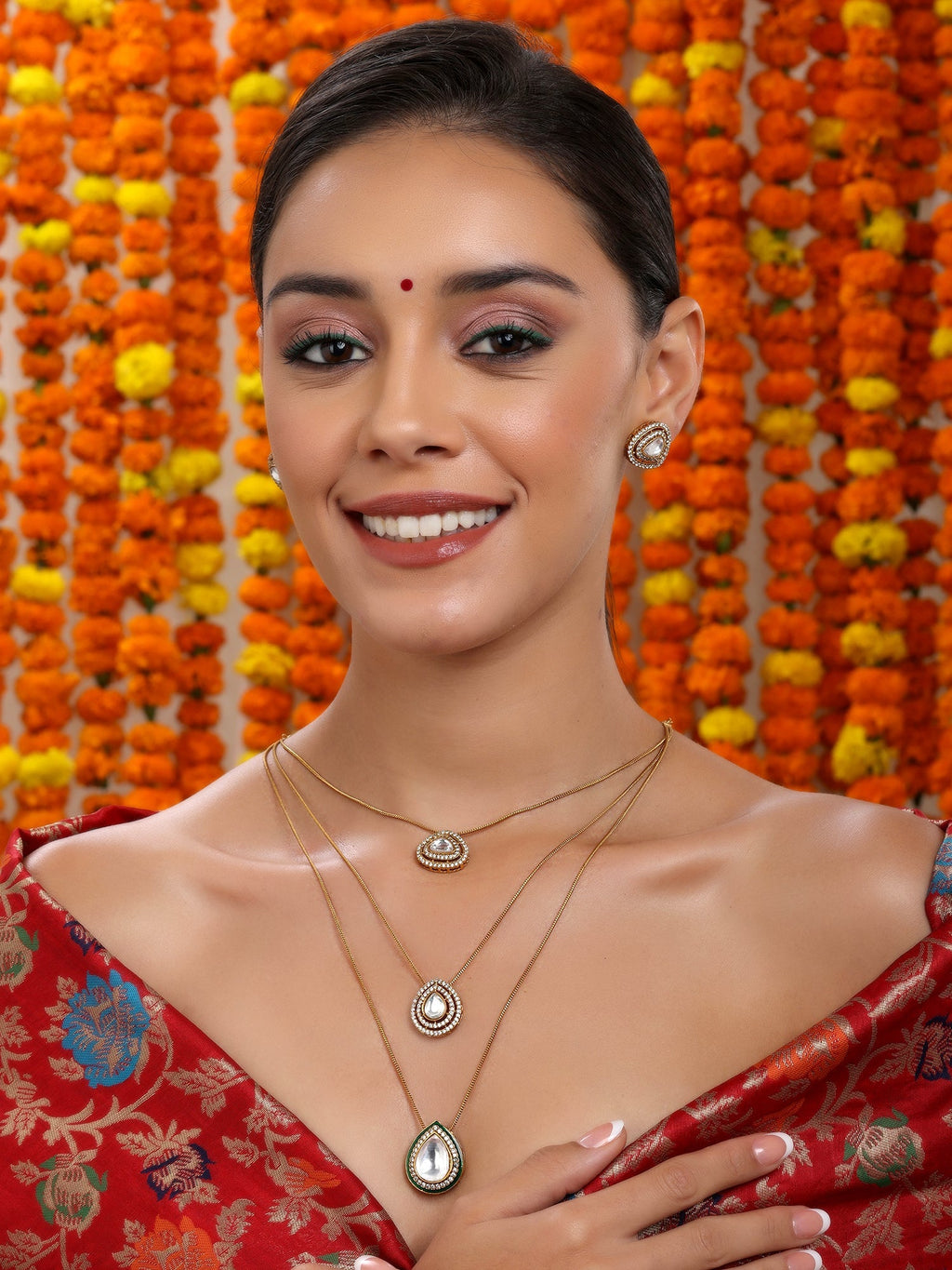 Layered Kundan Neckpiece with Matching Studs - Ruby Raang | Grocsy