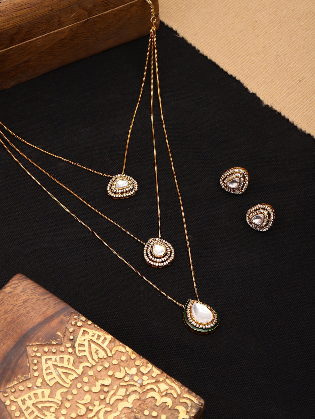 Layered Kundan Neckpiece with Matching Studs - Ruby Raang | Grocsy