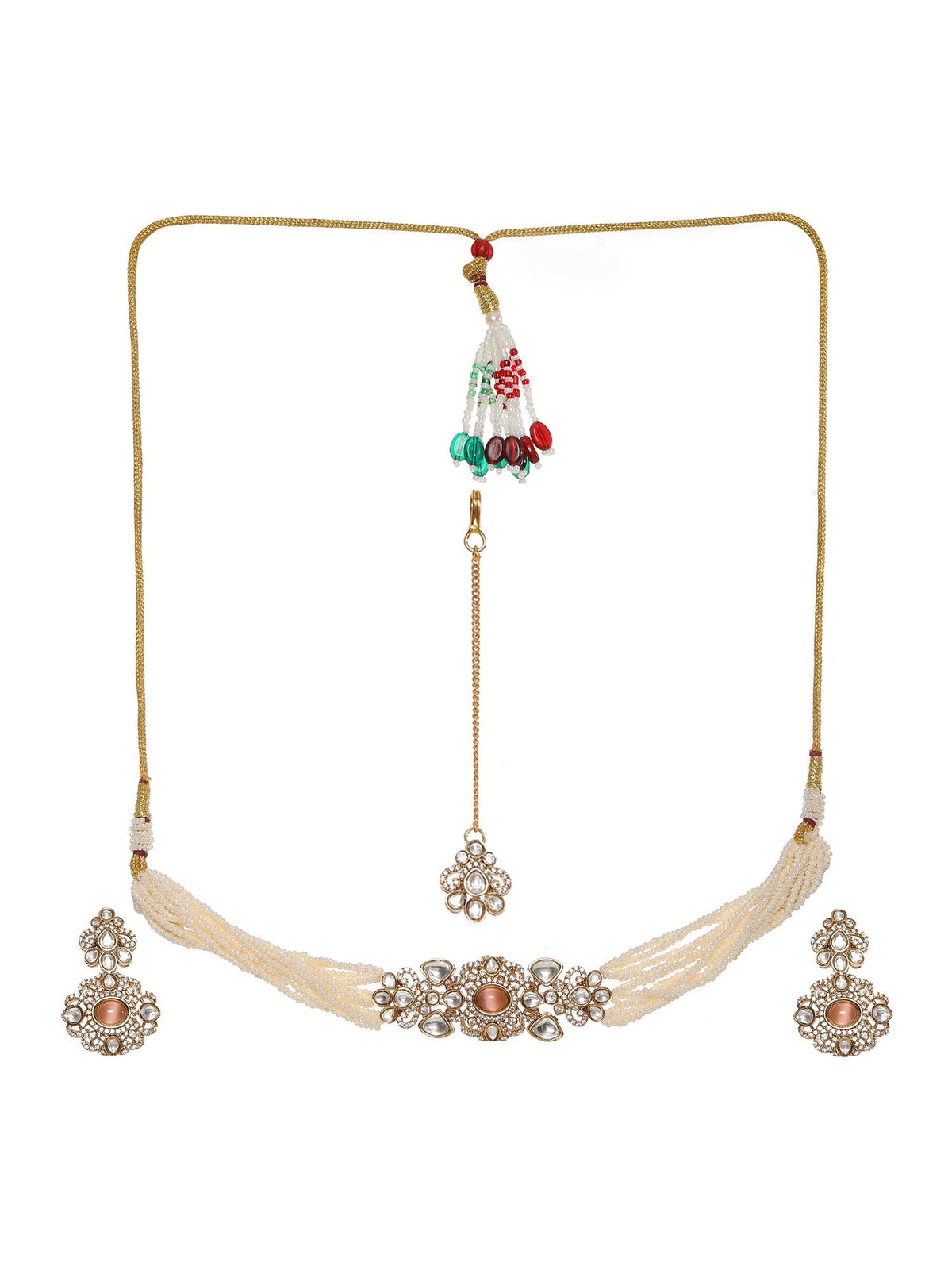 Stone and Mossainite Kundan in Pearls with Matching Earrings and Maang Tikka - Ruby Raang