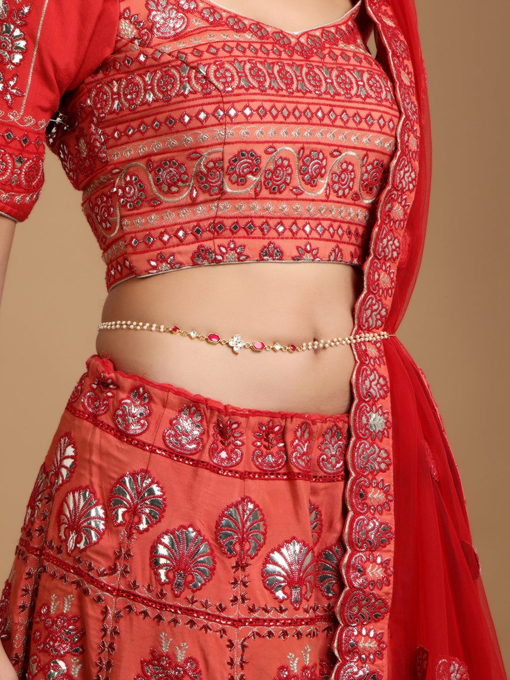 Red Stone & Clear Patchi Kundan in Pearl Kamar Band - Ruby Raang | Grocsy