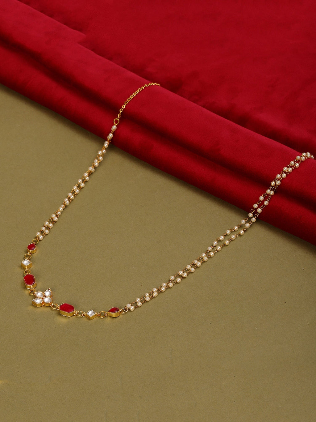 Red Stone & Clear Patchi Kundan in Pearl Kamar Band - Ruby Raang | Grocsy