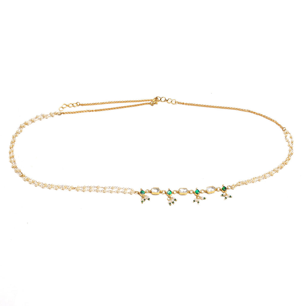 Green Stone & Clear Patchi Kundan in Pearl Kamar Band - Ruby Raang | Grocsy