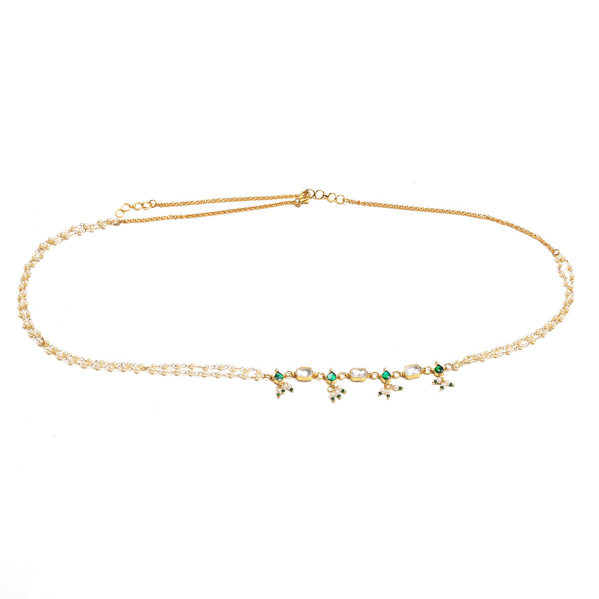 Green Stone & Clear Patchi Kundan in Pearl Kamar Band - Ruby Raang | Grocsy
