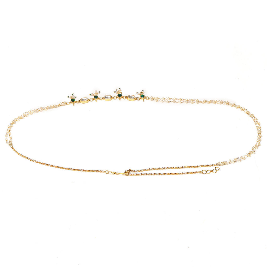 Green Stone & Clear Patchi Kundan in Pearl Kamar Band - Ruby Raang | Grocsy