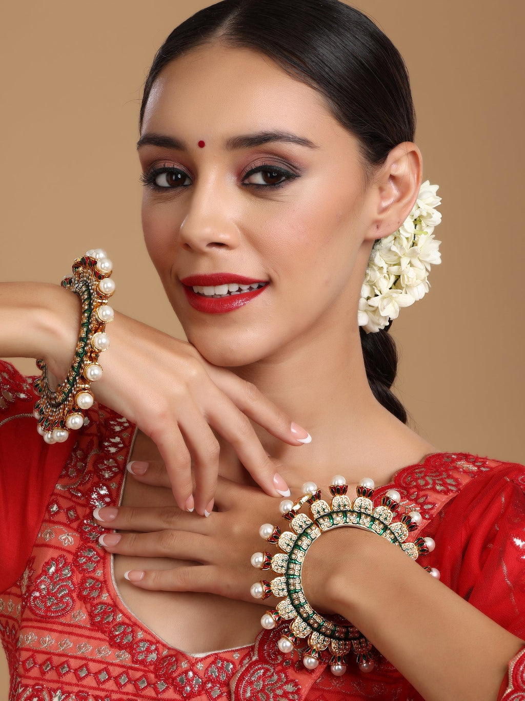Oversized Pearl Meenakari Handcrafted Heavy Bangles (set of 2) - Ruby Raang | Grocsy