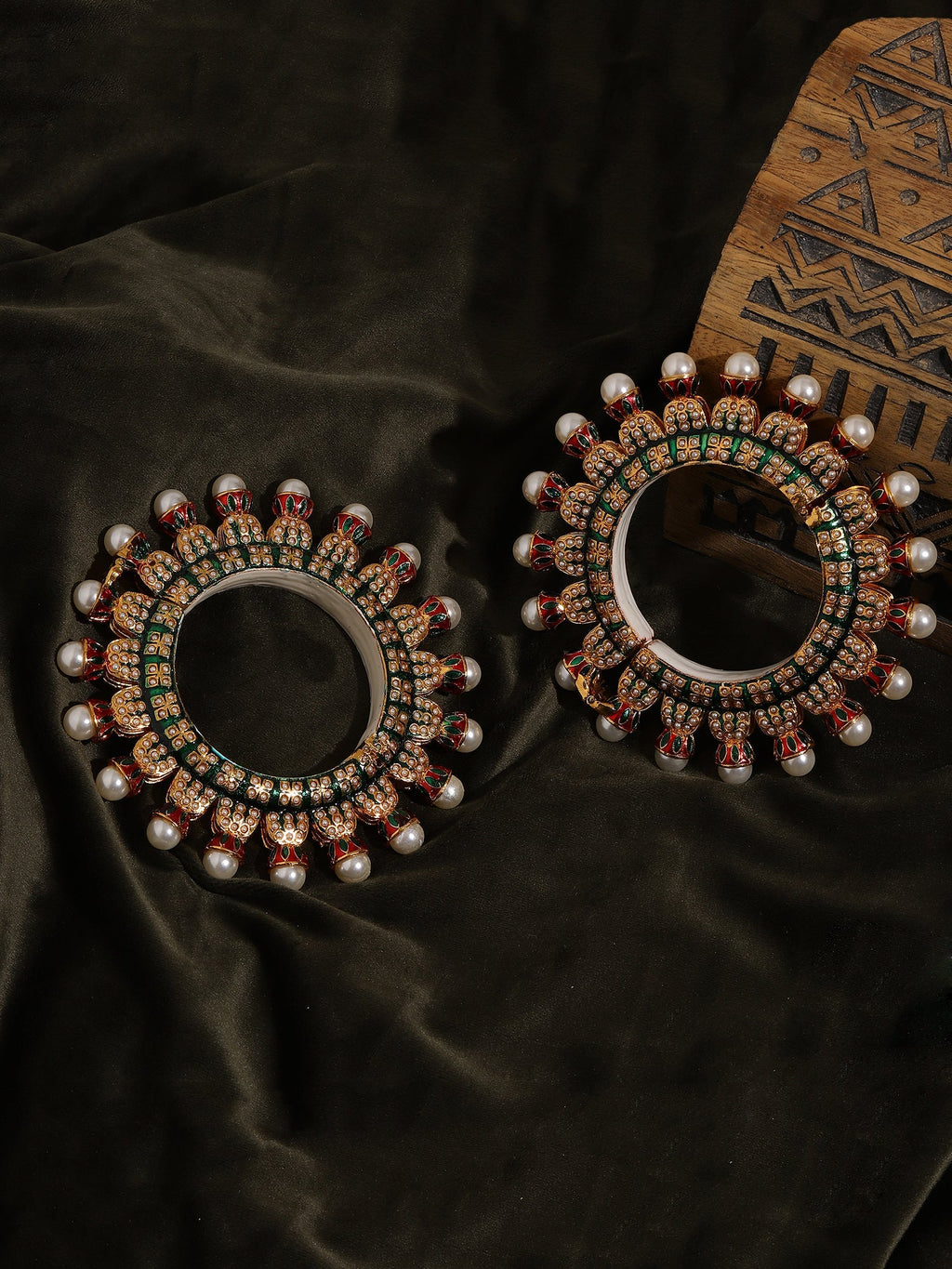 Oversized Pearl Meenakari Handcrafted Heavy Bangles (set of 2) - Ruby Raang | Grocsy