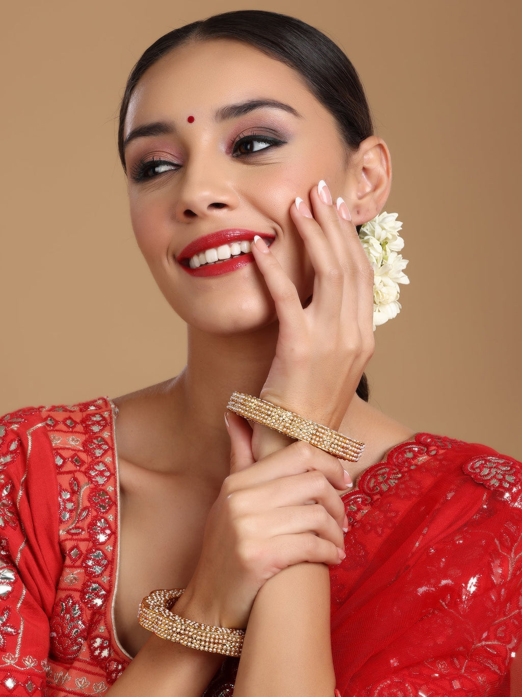 Golden Pearl Handcrafted Heavy Bangles (set of 2) - Ruby Raang | Grocsy
