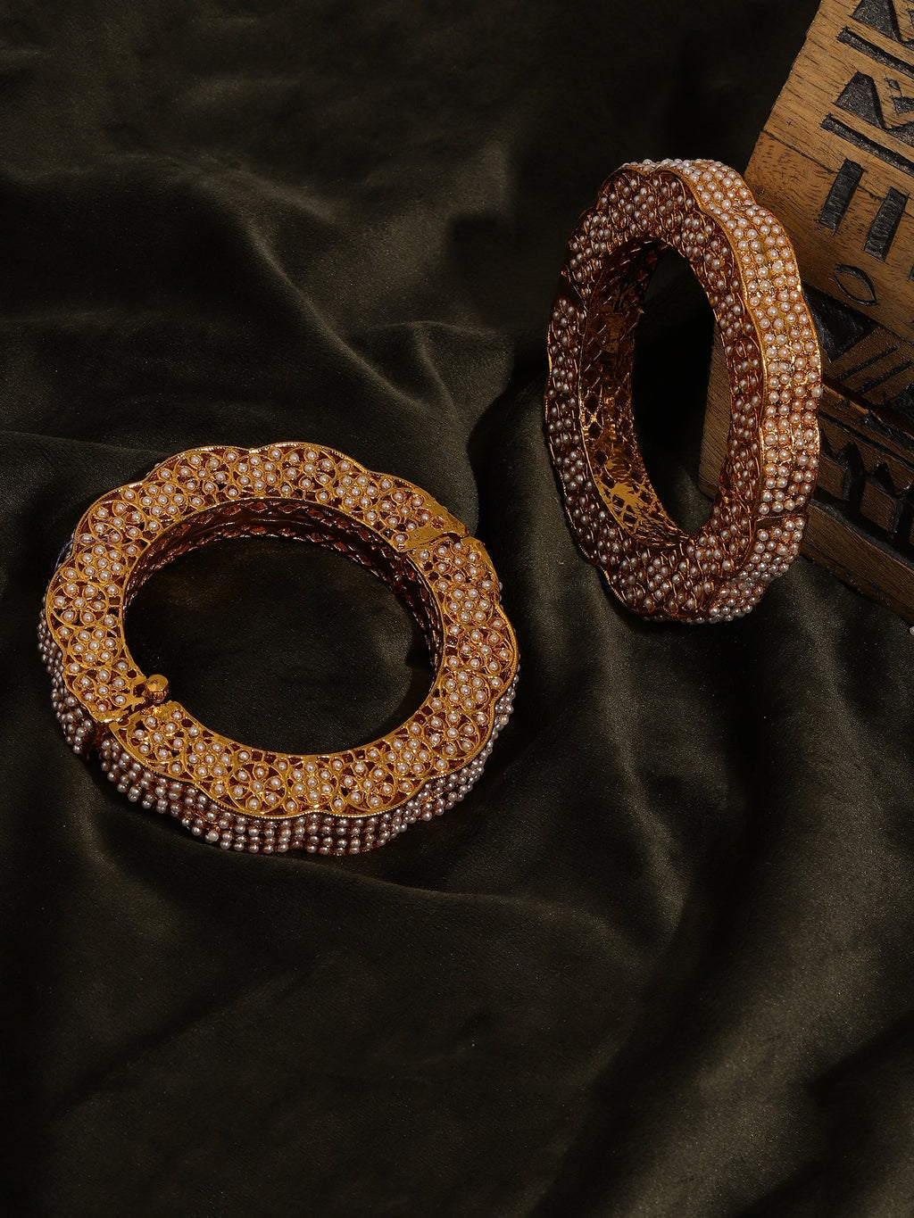Golden Pearl Handcrafted Heavy Bangles (set of 2) - Ruby Raang | Grocsy